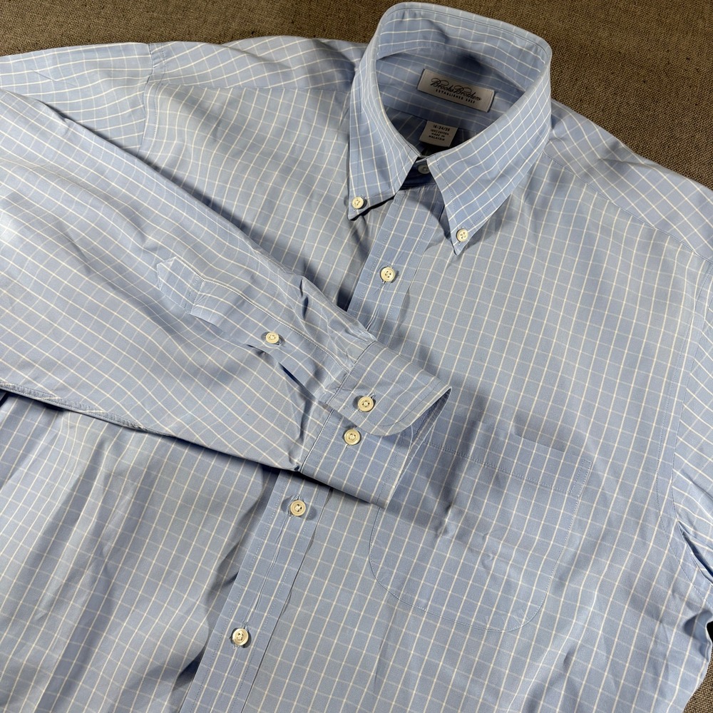 Brooks Brothers Button Down Shirt Mens 16 34/35 Blue Windowpane Check Cotton